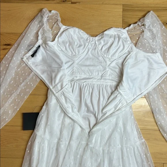 NWT Lulus White Long Sleeve Tiered Dress with Sheer Polka Dot Sleeves | Size XS - Picture 10 of 11